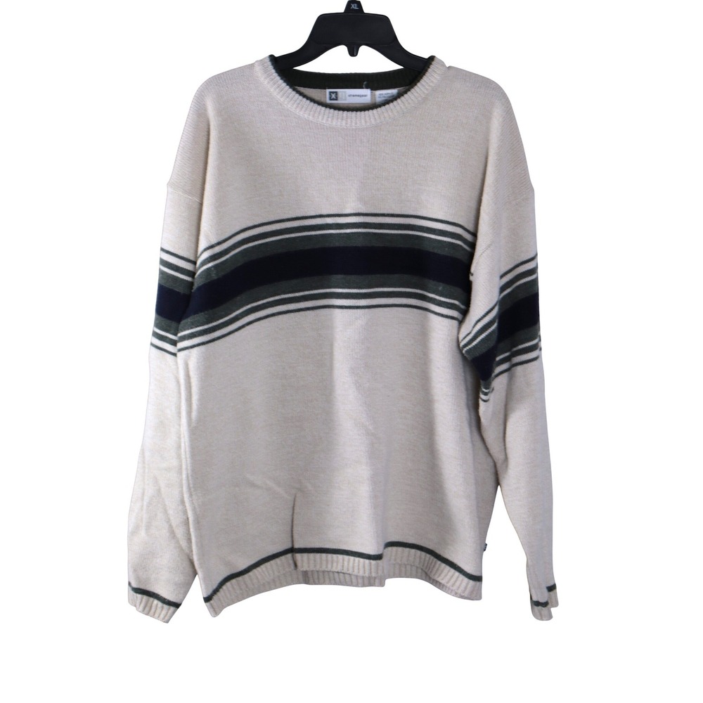 Xtreme Gear Mens XL‎ Y2K Cream Green Stripe Crew Neck Long Sleeve Sweater Casual